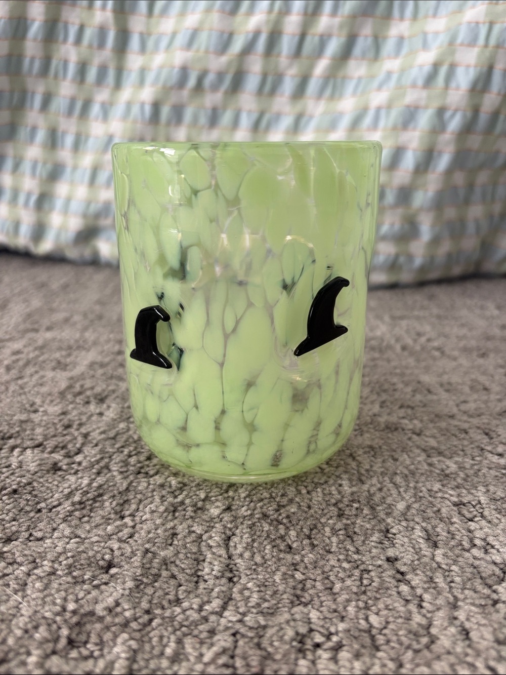 Green Marbled Art Glass Tumbler with Black Accent Witch Hats